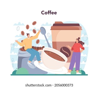 Barista concept. Bartender making a cup of hot coffe. Coffeehouse worker making energetic tasty beverage with milk. Americano and cappuccino, espresso and mocha. Flat vector illustration