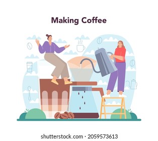 Barista concept. Bartender making a cup of hot coffe. Coffeehouse worker making energetic tasty beverage with milk. Americano and cappuccino, espresso and mocha. Flat vector illustration