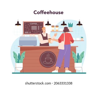 Barista concept. Bartender making a cup of hot coffe. Coffeehouse worker making energetic tasty beverage with milk. Americano and cappuccino, espresso and mocha. Flat vector illustration