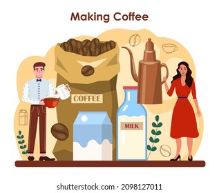 Barista concept. Bartender making a cup of hot coffee. Coffeehouse worker making energetic tasty beverage with milk. Americano and cappuccino, espresso and mocha. Flat vector illustration