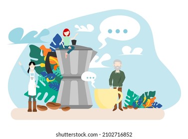 barista concept bartender making hot coffee Coffee, Americano, Cappuccino, Espresso and Mocha drinks. Cartoon style vector illustration. Flat design