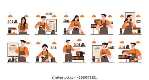 Barista concept flat illustration set. Includes of barista making coffee, steam from coffee, and coffee grinder in action. Vector illustration isolated transparent background