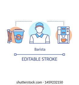 Barista concept icon. Coffeehouse employee, bartender idea thin line illustration. Coffee maker. Barista equipment, espresso machine. Coffee brewing. Vector isolated outline drawing. Editable stroke