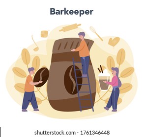 Barista concept set. Bartender making a cup of hot coffe. Energetic tasty beverage for breakfast with milk. Americano and cappuccino, espresso and mocha. Vector illustration in cartoon style