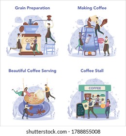 Barista concept set. Bartender making a cup of hot coffe. Energetic tasty beverage for breakfast with milk. Americano and cappuccino, espresso and mocha. Vector illustration in cartoon style