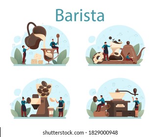 Barista concept set. Bartender making a cup of hot coffe. Energetic tasty beverage for breakfast with milk. Americano and cappuccino, espresso and mocha. Vector illustration in cartoon style