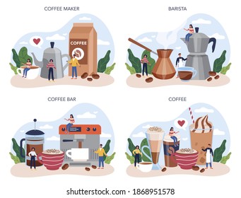 Barista concept set. Bartender making a cup of hot coffe. Energetic tasty beverage for breakfast with milk. Americano and cappuccino, espresso and mocha. Vector illustration in cartoon style