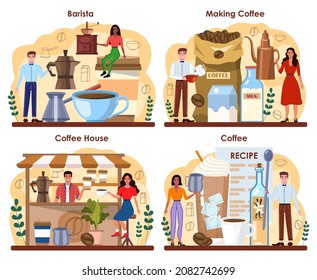 Barista concept set. Bartender making a cup of hot coffee. Coffeehouse worker making energetic tasty beverage with milk. Americano and cappuccino, espresso and mocha. Flat vector illustration