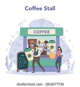 Barista concept. Street coffee stall. Energetic tasty beverage for breakfast with milk. Americano and cappuccino, espresso and mocha. Vector illustration in cartoon style