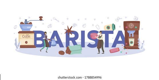 Barista concept typographic header. Bartender making a cup of hot coffe. Energetic tasty beverage for breakfast with milk. Vector illustration in cartoon style