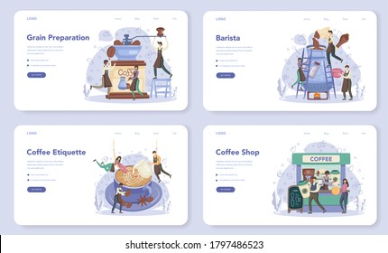 Banner web concepto Barista o página de inicio. Bartender haciendo una taza de café caliente. Bebida sabrosa y enérgica para el desayuno con leche. Ilustración vectorial en estilo de caricatura