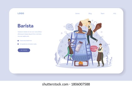 Barista concept web banner or landing page. Bartender making a cup of hot coffe. Energetic tasty beverage for breakfast with milk. Vector illustration in cartoon style