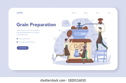 Barista concept web banner or landing page. Bartender grinding coffe grain. Energetic tasty beverage for breakfast with milk. Vector illustration in cartoon style