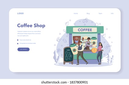 Barista concept web banner or landing page. Street coffee stall. Energetic tasty beverage for breakfast with milk. Americano and cappuccino, espresso and mocha. Vector illustration in cartoon style