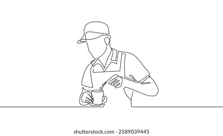 Barista Continuous One Line Drawing. Man Barista with Coffee Mug Trendy Minimalist Vector Illustration. One Line Abstract Drawing Minimalist Contour Drawing for Cafe Modern Design. Not AI