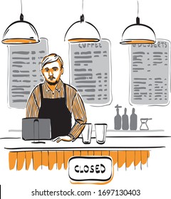 the barista at the counter, completing the work and closing the cafe due to the pademia COVID19