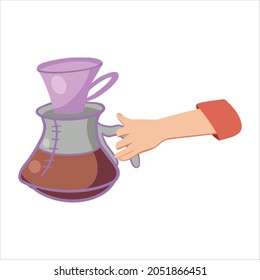 Barista courses. Barista making coffee, manual brew drip coffee and accessories. Vector flat illustration. Can use for banner, poster, card and brochure