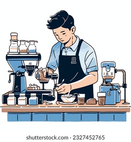 A barista creating latte art in a bustling café, vector illustration