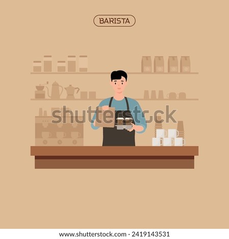 Barista with a cup of coffee. Flat style vector illustration.