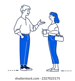 A barista and a customer chatting over a cup of coffee, minimalistic vector illustration