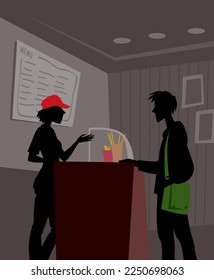 Barista y cliente. Conversación en una pequeña cafetería. Imagen vectorial para impresiones, afiches e ilustraciones.