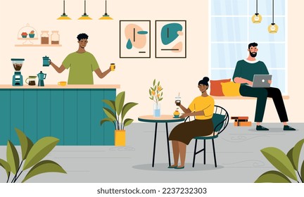 Barista y clientes. El hombre ofrece bebidas calientes a las chicas y chicos. Confort y comodidad, descanse. Propietario de un pequeño negocio y camarero. Afiche o cartel para el sitio web. Dibujo vectorial plano de dibujos animados