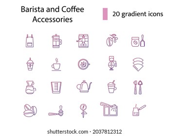 Barista devices line icons set. French press and measuring cup. Kettler, knock box and air pressure machine. Gradient symbols collection. Isolated vector illustration