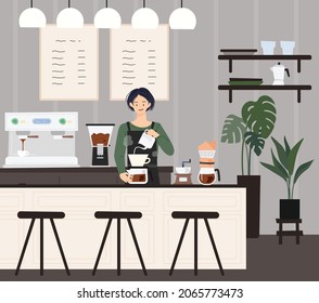 A barista doing hand drips in a cafe. flat design style vector illustration.