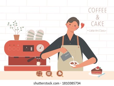 A Barista Doing Latte Art. Flat Design Style Minimal Vector Illustration.