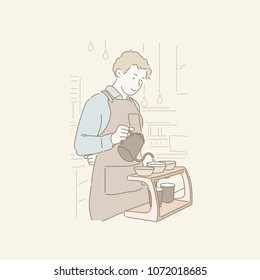 A barista is dropping coffee from the cafe. hand drawn style vector doodle design illustrations.