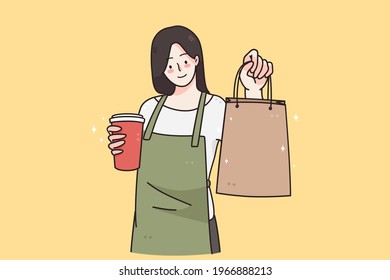 Barista during work in cafeteria concept. Young smiling woman barista cartoon character working at cafeteria holding coffee cup bag for client vector illustration 