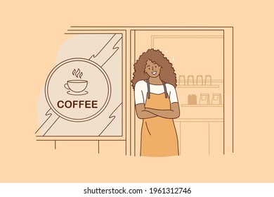 Barista during work concept. Young smiling black woman barista cartoon character working at cafeteria standing and smiling looking at camera waiting for clients vector illustration 