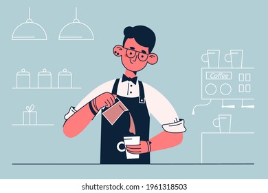 Barista during work concept. Young smiling man barista cartoon character working at cafeteria making coffee for client vector illustration 