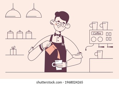 Barista during work concept. Young smiling man barista cartoon character working at cafeteria making coffee for client vector illustration 