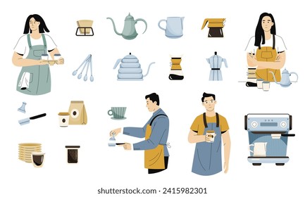 Barista with equipment. Cafe workers preparing coffee and other beverages, cafe and coffee shop characters with cups devices. Vector set. Staff making and serving drinks with appliances