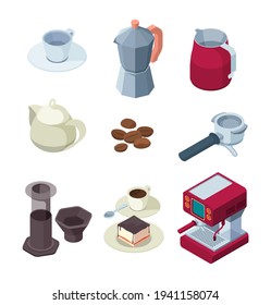 Barista equipment. Natural black coffee machines espresso cup delicious cakes mug garish vector isometric templates set