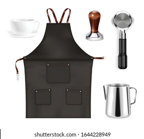 Barista equipment realistic set with pot cup black apron holder tamper isolated vector illustration