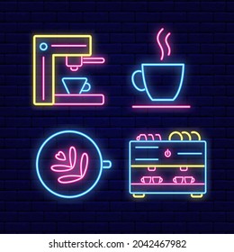 Barista espresso machine and coffee cup neon light icon set. Night bright signboard. Logotype for coffee shop. Outer glowing effect. Editable stroke. Vector illustration