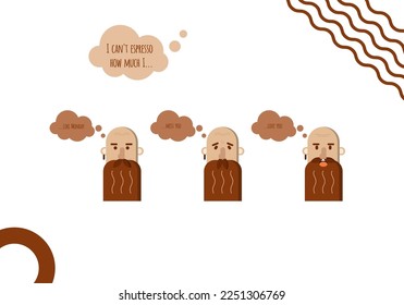 Barista face with different emotions. Set of male facial emotions. Bearded man character with various expressions. Vector illustration in geometric flat style. Barista head isolated graphic element.