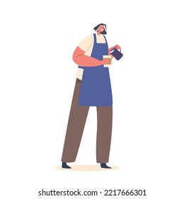 Barista Female Character Wear Apron Work In Cafe Or Coffee Shop Cooking Fresh Aromatic Beverage. Girl Making Coffee Pouring Hot Milk In Cup With Fresh Drink. Cartoon People Vector Illustration