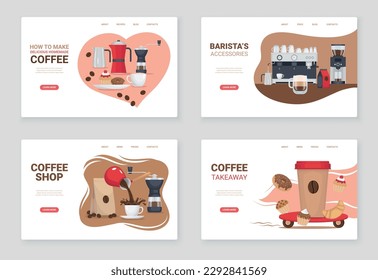 Barista flat cards set with coffee shop items isolated vector illustration