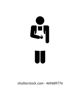 Barista flat icon. Stick figure. The black silhouette of a man in an apron and a cup of coffee. Symbolic image isolated on a white background. Sign of the profession.