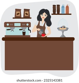 Barista girl in a coffee shop. Workplace. Tasty coffee. High quality vector illustration.
