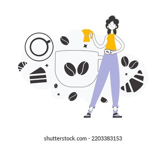 Barista girl. Line art style. Vector.