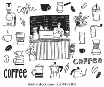 Barista girl making coffee at the counter in a coffee shop. Vector set of different coffee shop equipments, coffee beans and branch. Hand-drawn illustrations of items for making drink.