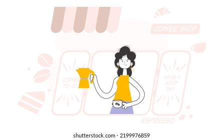 Barista girl. Trendy style line art. Vector illustration.