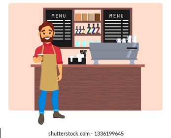 Barista giving coffee to go in a cafe interior. Design of coffee shop, coffee bar. Vector illustration in flat style
