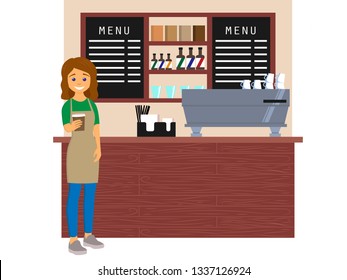 Barista giving coffee to go in a cafe interior. Design of coffee shop, coffee bar. Vector illustration in flat style
