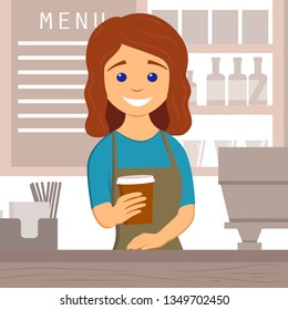 Barista giving coffee to go in a cafe interior. Design of coffee shop, coffee bar. Vector illustration in flat style
