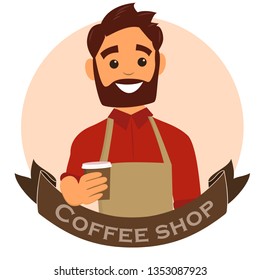 Barista giving coffee to go. Coffee shop, coffee bar label, badge or emblem. Vector illustration in flat style
